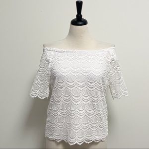 Talbots White Lace Overlay Sheer Short Sleeve Off The Shoulders Top NWT Medium